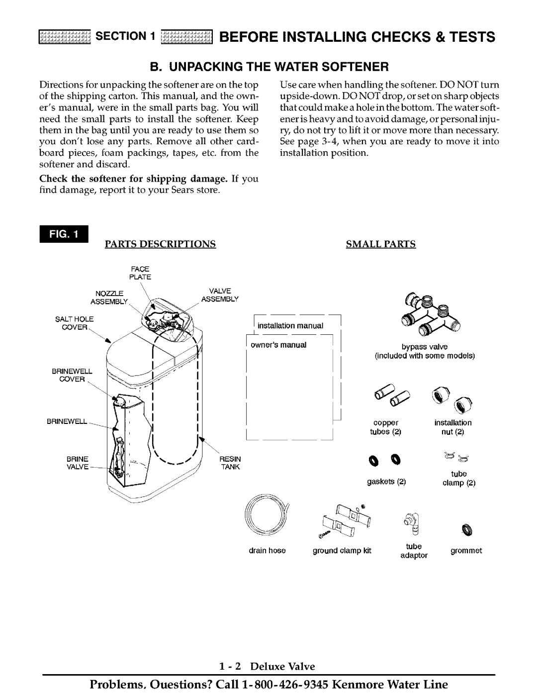 Kenmore Water System Before Installing Checks & Tests, Unpacking the Water Softener, Parts Descriptions, Small Parts 