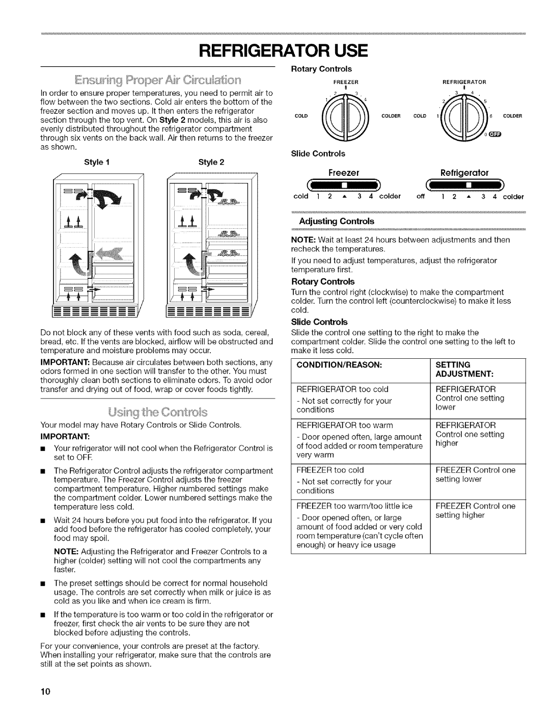 Kenmore WI0151336A manual Refrigerator USE, Ds t/e, Adjusting Controls, Condition/Reason, Setting Adjustment 