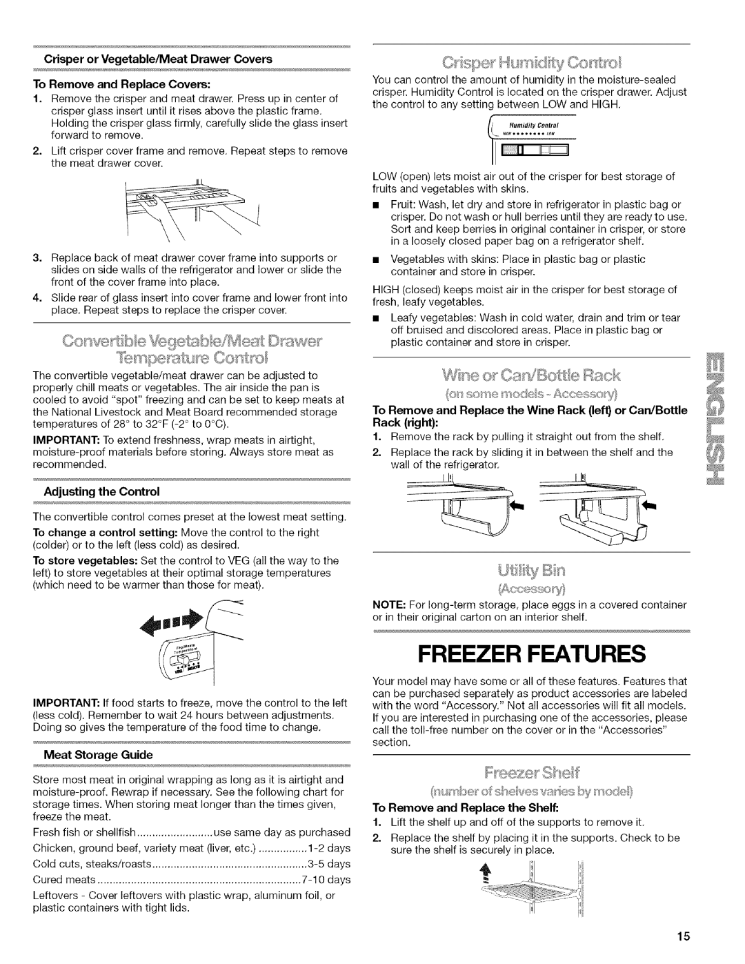 Kenmore WI0151336A manual Freezer Features, CrisperorVegetable/MeatDrawerCovers, CaWB e Rack, Adjusting the Control 