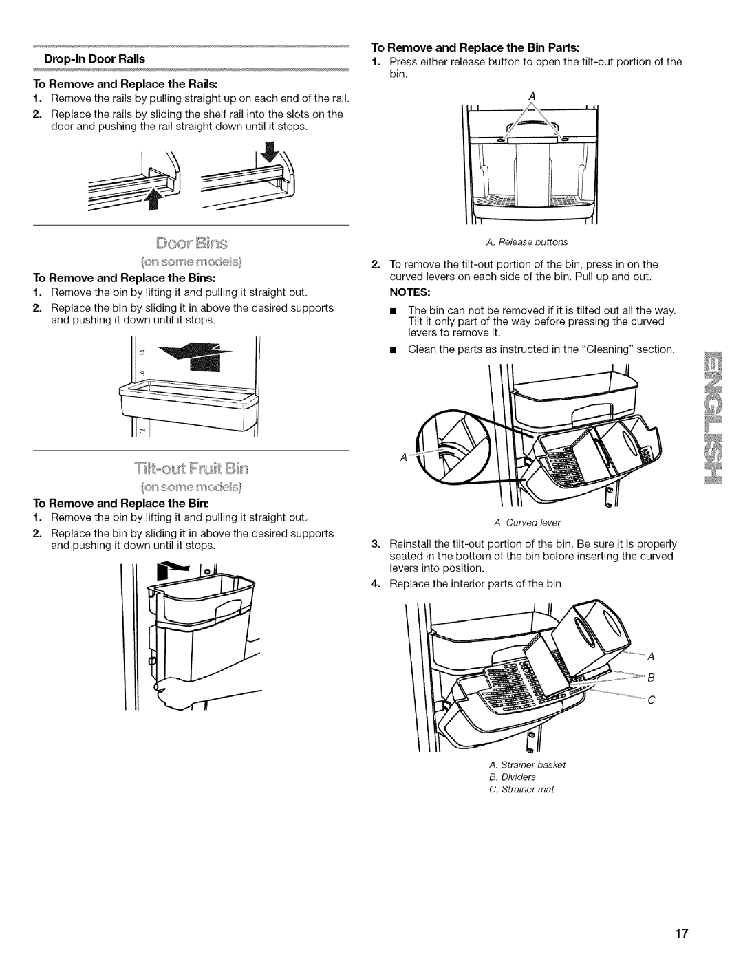 Kenmore WI0151336A manual Drop-In Door Rails To Remove and Replace the Rails, To Remove and Replace the Bin Parts 