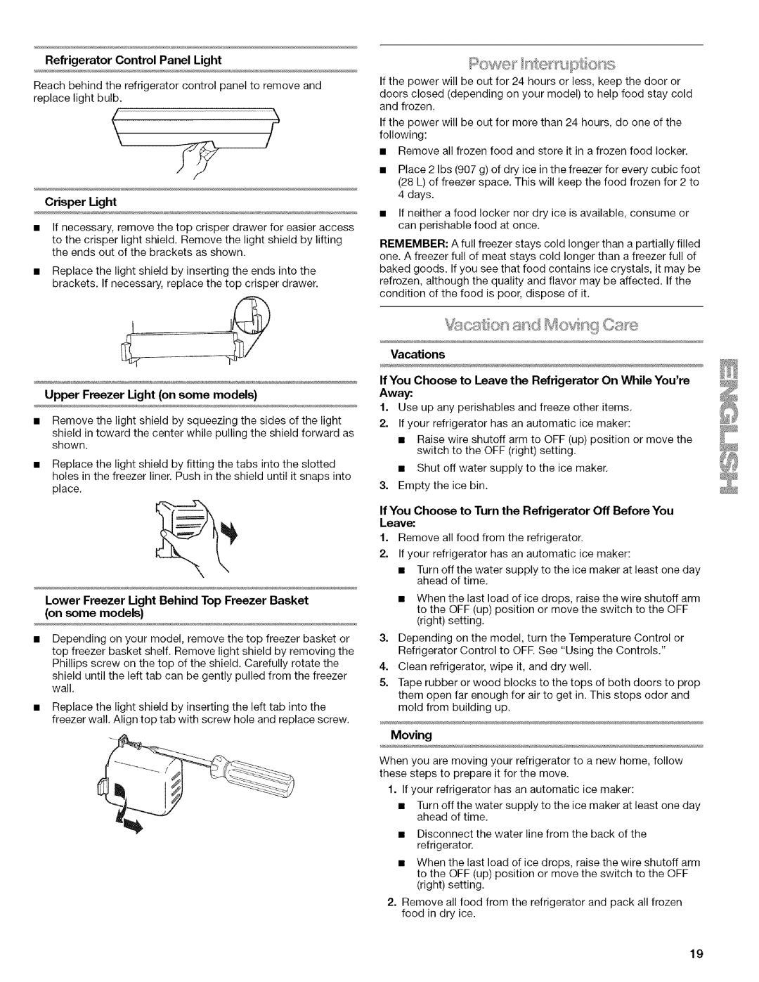 Kenmore WI0151336A manual Refrigerator Control Panel Light, Crisper Light, Upper Freezer Light on some models, Moving 