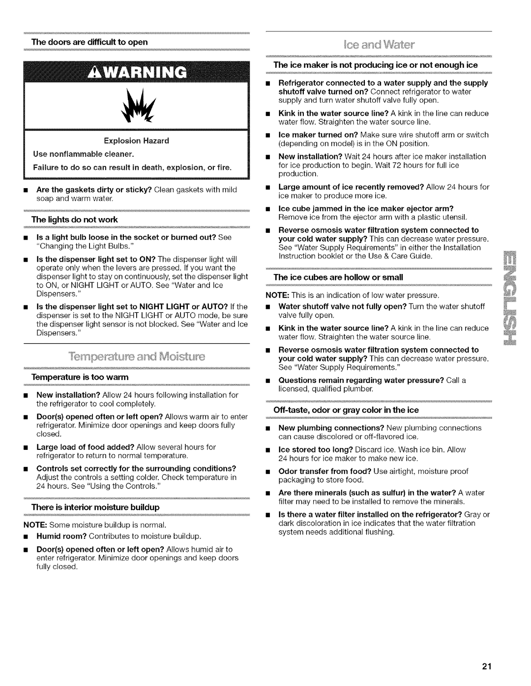 Kenmore WI0151336A manual Temperature is too warm, There is interior moisture buildup 