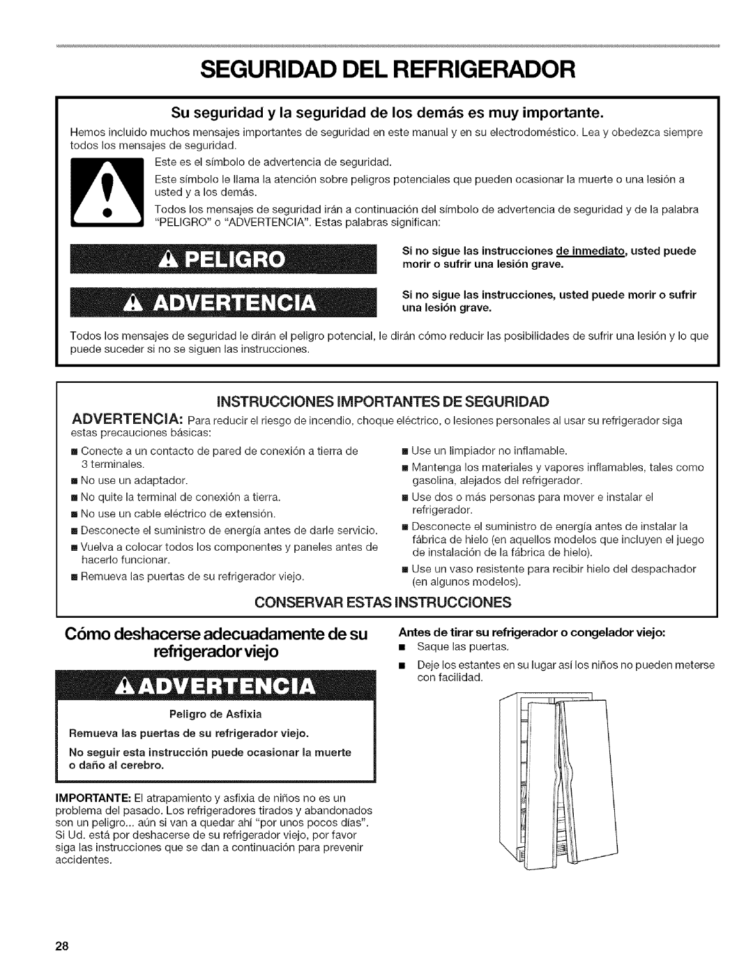 Kenmore WI0151336A manual Seguridad DEL Refrigerador, Antes de tirar su refrigerador o congelador viejo 