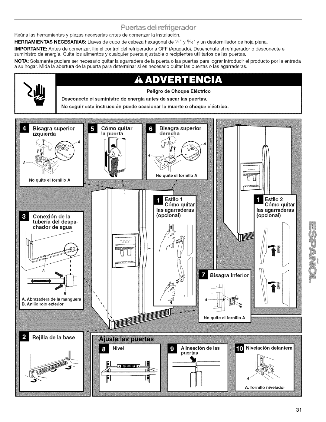 Kenmore WI0151336A manual Bisagra superior C6mo quitar Izquierda La puerta Derecha, Opcional, Conexi6n De la, Chador Agua 