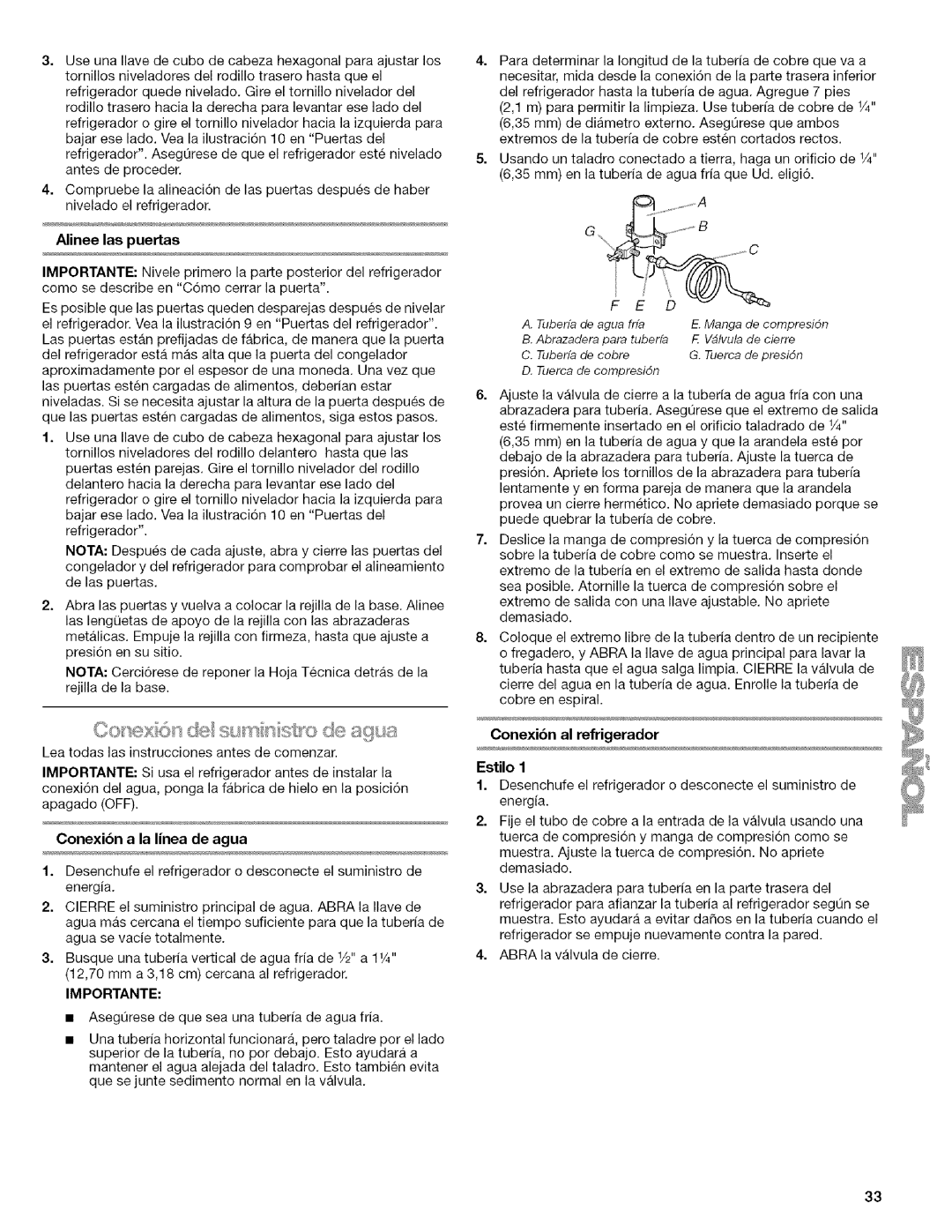 Kenmore WI0151336A manual Alinee las puertas, Conexibn al refrigerador Estilo 