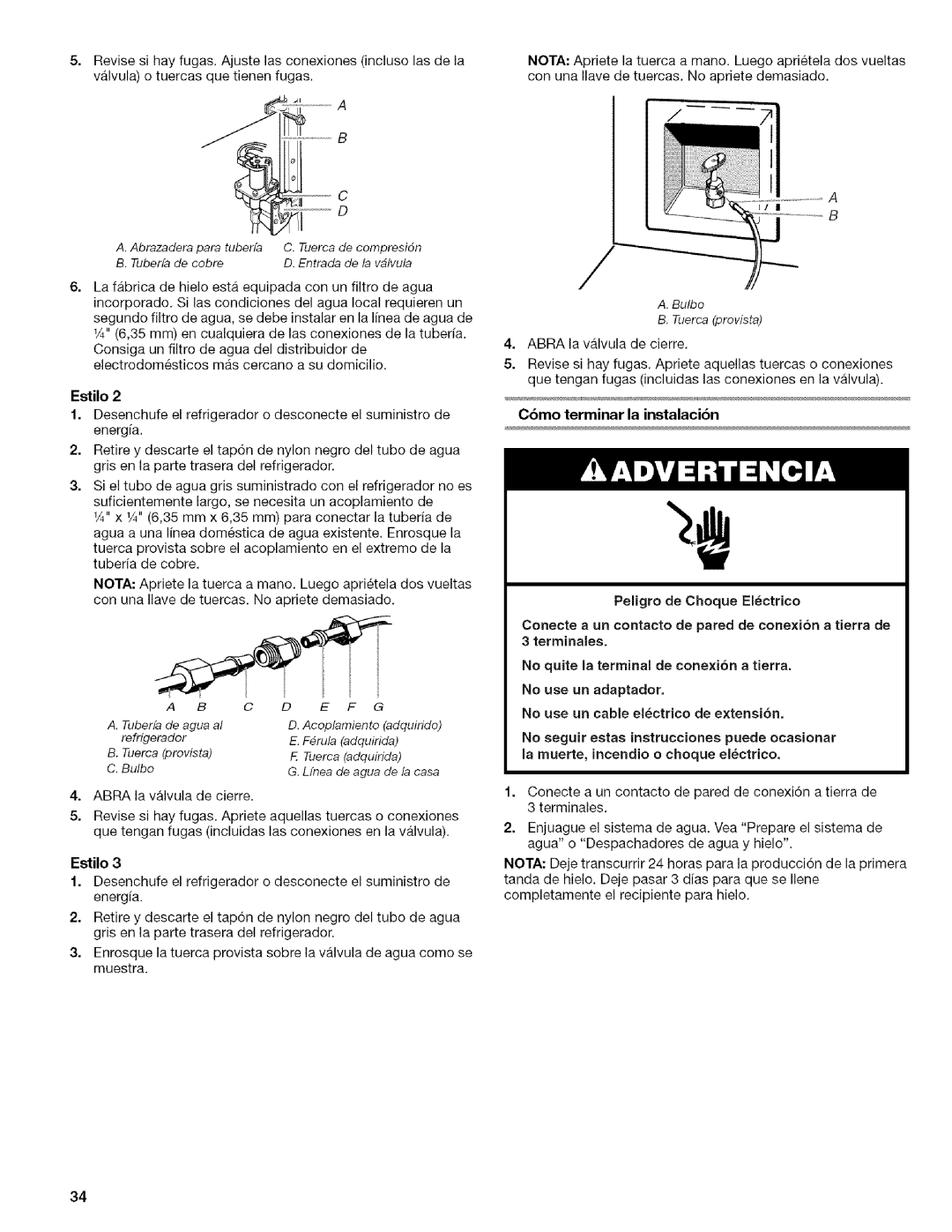 Kenmore WI0151336A manual Bulbo Tuerca provista, Cbmo terminar la instalacibn 