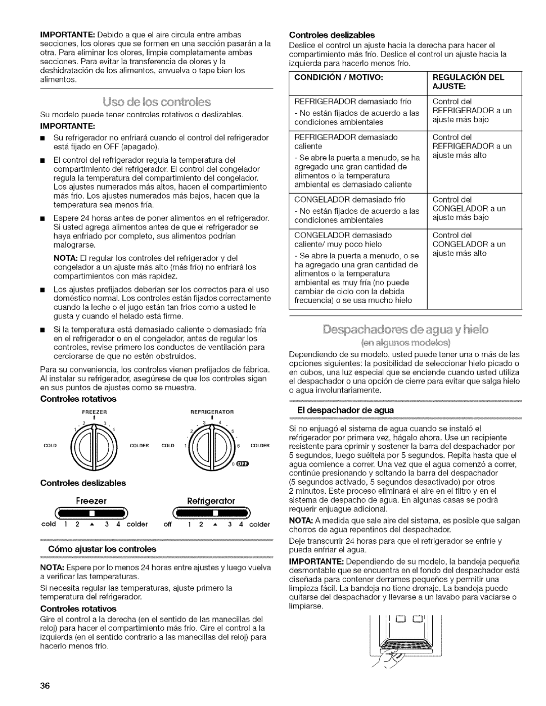 Kenmore WI0151336A manual Controles deslizables, Cbmo ajustar los controles, Controles rotativos, El despachador de agua 