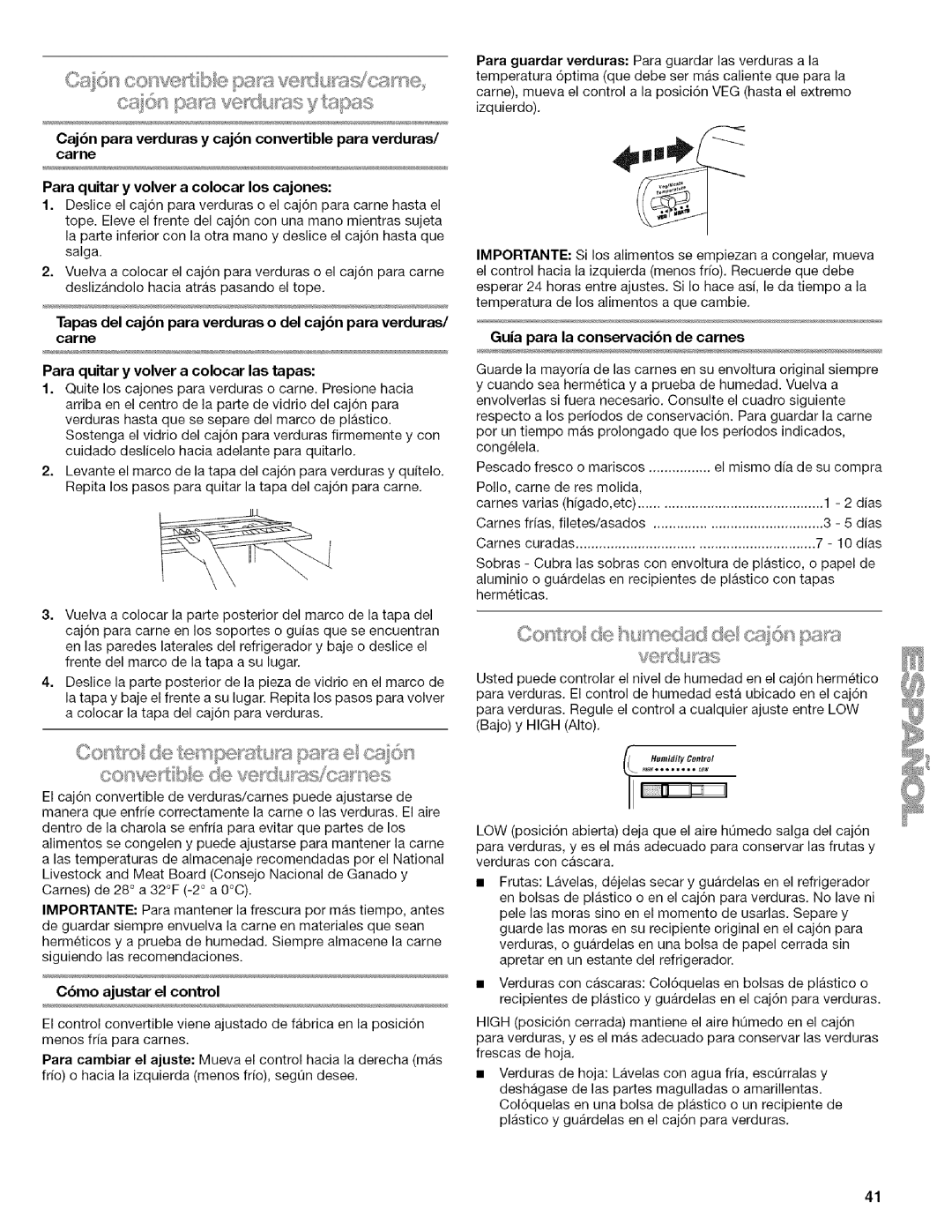 Kenmore WI0151336A manual Co wed b de, Cbmo ajustar el control, Para quitar y volver a colocar los cajones 