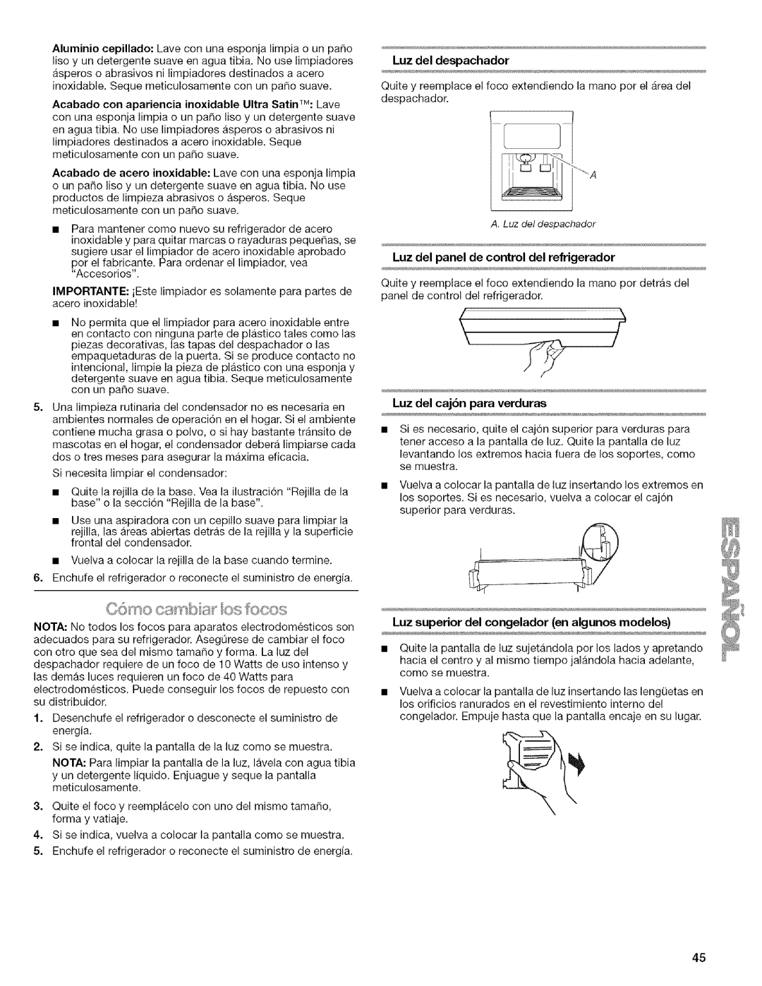 Kenmore WI0151336A Acabado con apariencia inoxidable Ultra SatinTM Lave, Luz deldespachador, Luz del cajbn para verduras 