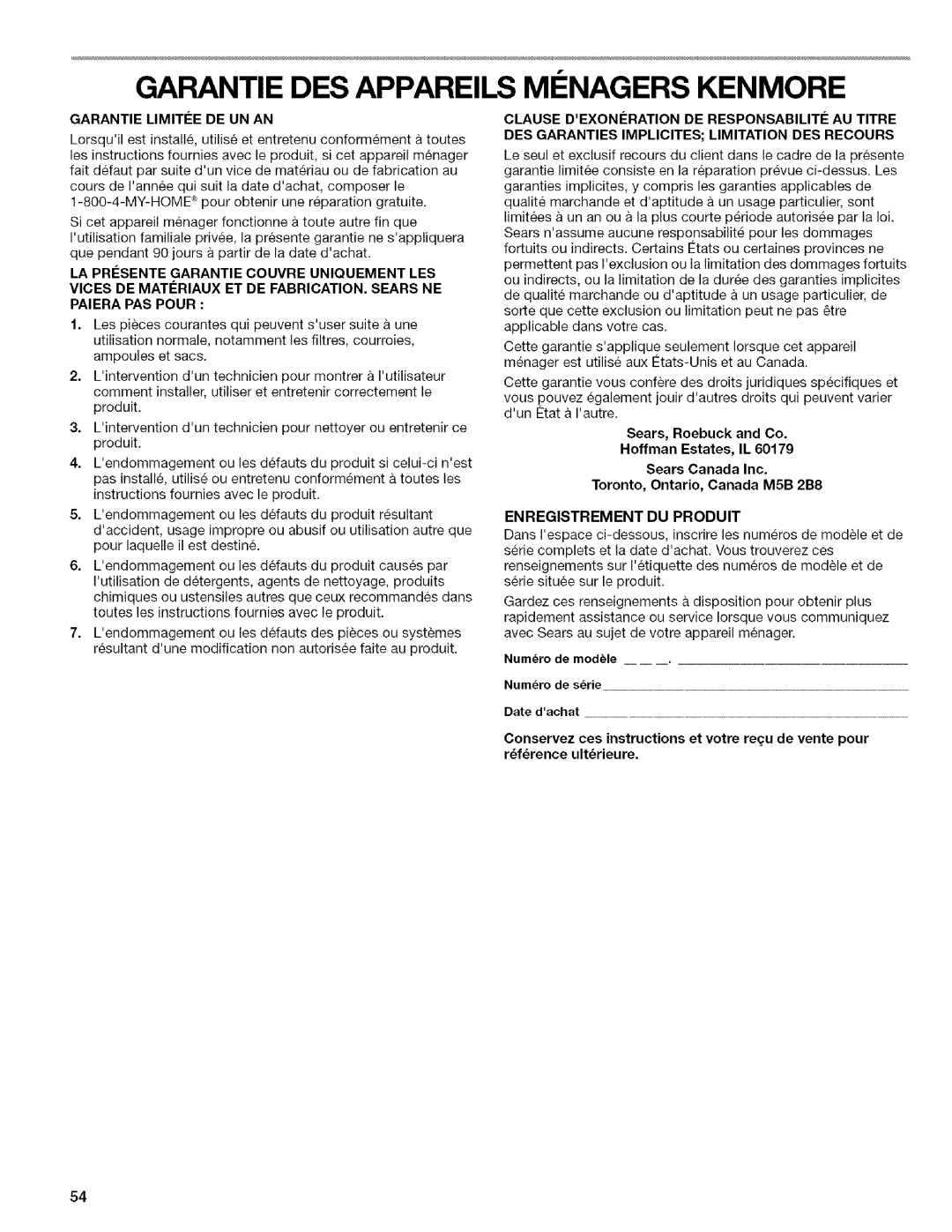 Kenmore WI0151336A manual Garantie DES Appareils MI Nagers Kenmore, Garantie Limitie DE UN AN, Enregistrement DU Produit 