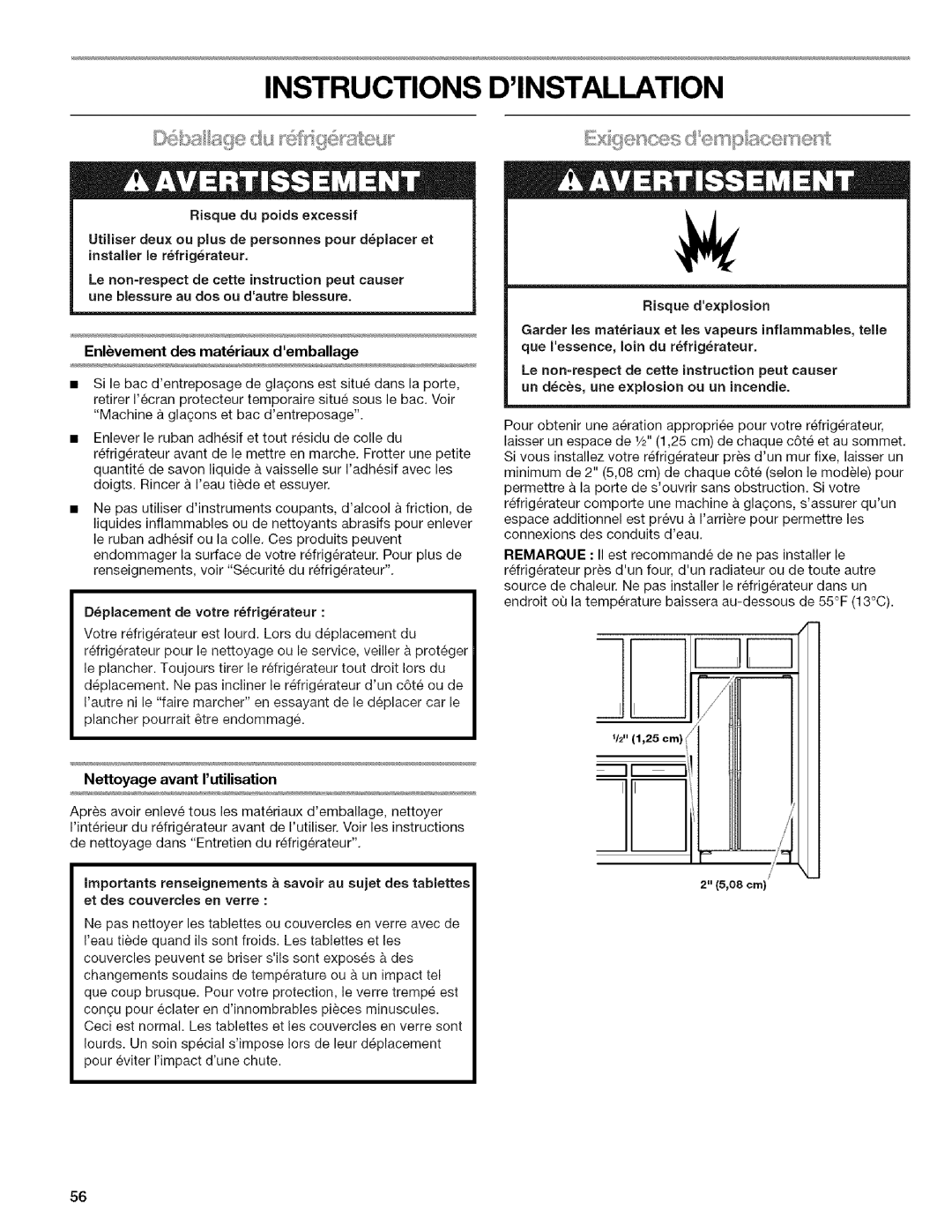 Kenmore WI0151336A manual Instructions Dinstallation, Deplacement de votre refrigrateur, Nettoyage avant I utilisation 