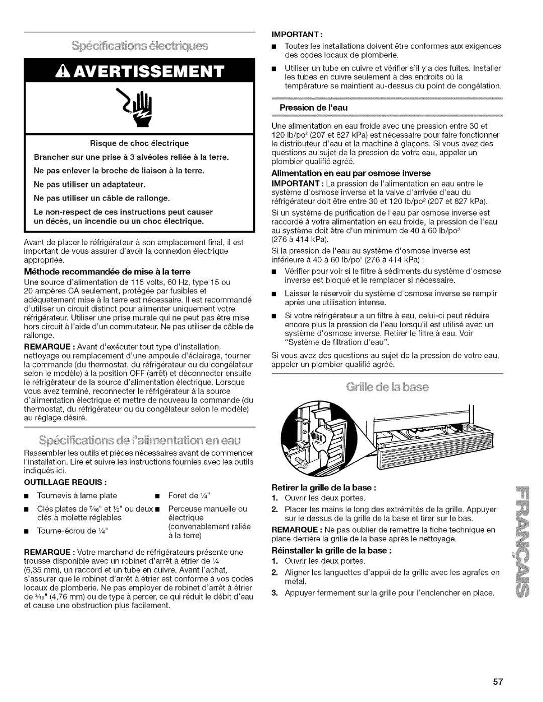 Kenmore WI0151336A manual Preseion de Ieau, Outillage 