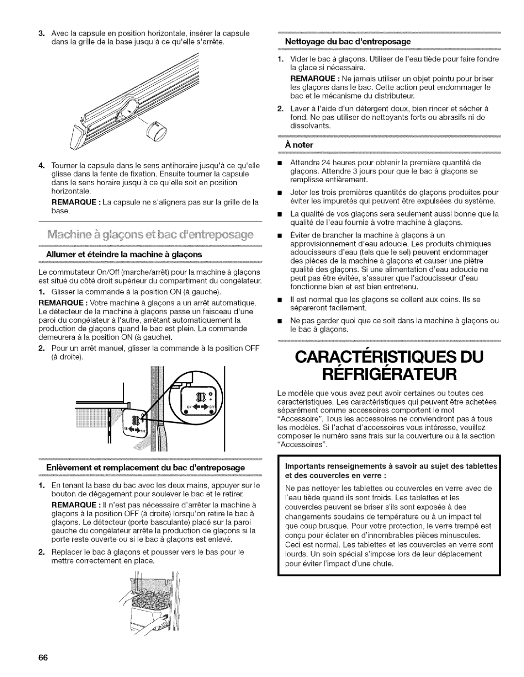 Kenmore WI0151336A manual RI Frigi Rateur, Nettoyage du bac dentreposage, Enlvement et remplacement du bac dentreposage 