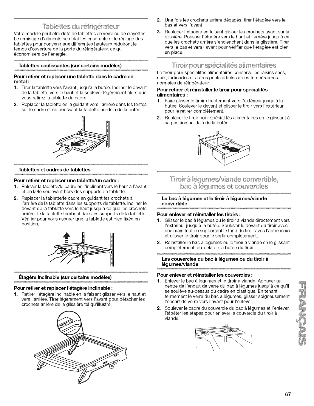 Kenmore WI0151336A manual Tablettes coulissantes sur certains modules, Tablettes et cadres de tablettes 