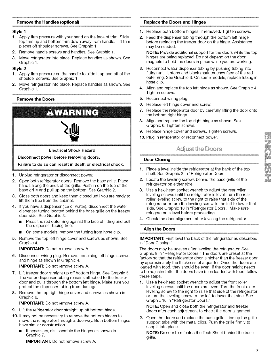 Kenmore WI0151336A manual Replace the Doors and Hinges, Remove the Handles optional Style, Align the Doors 