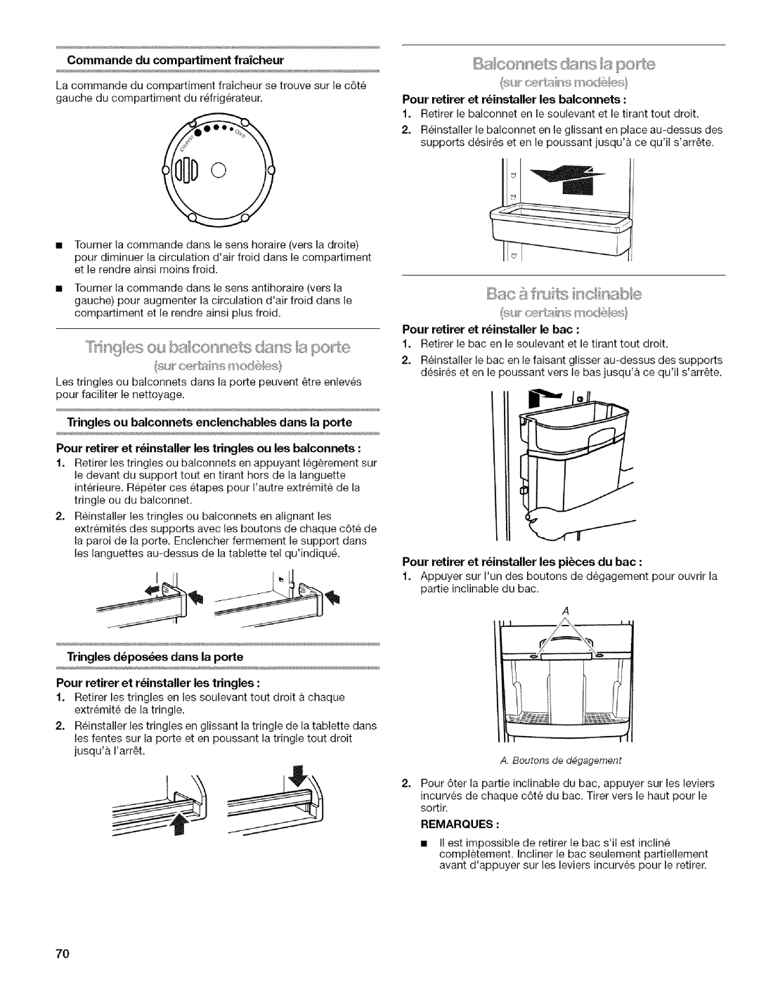 Kenmore WI0151336A manual Commande du compartiment fraicheur, Pour retirer et rinstaller les balconnets 