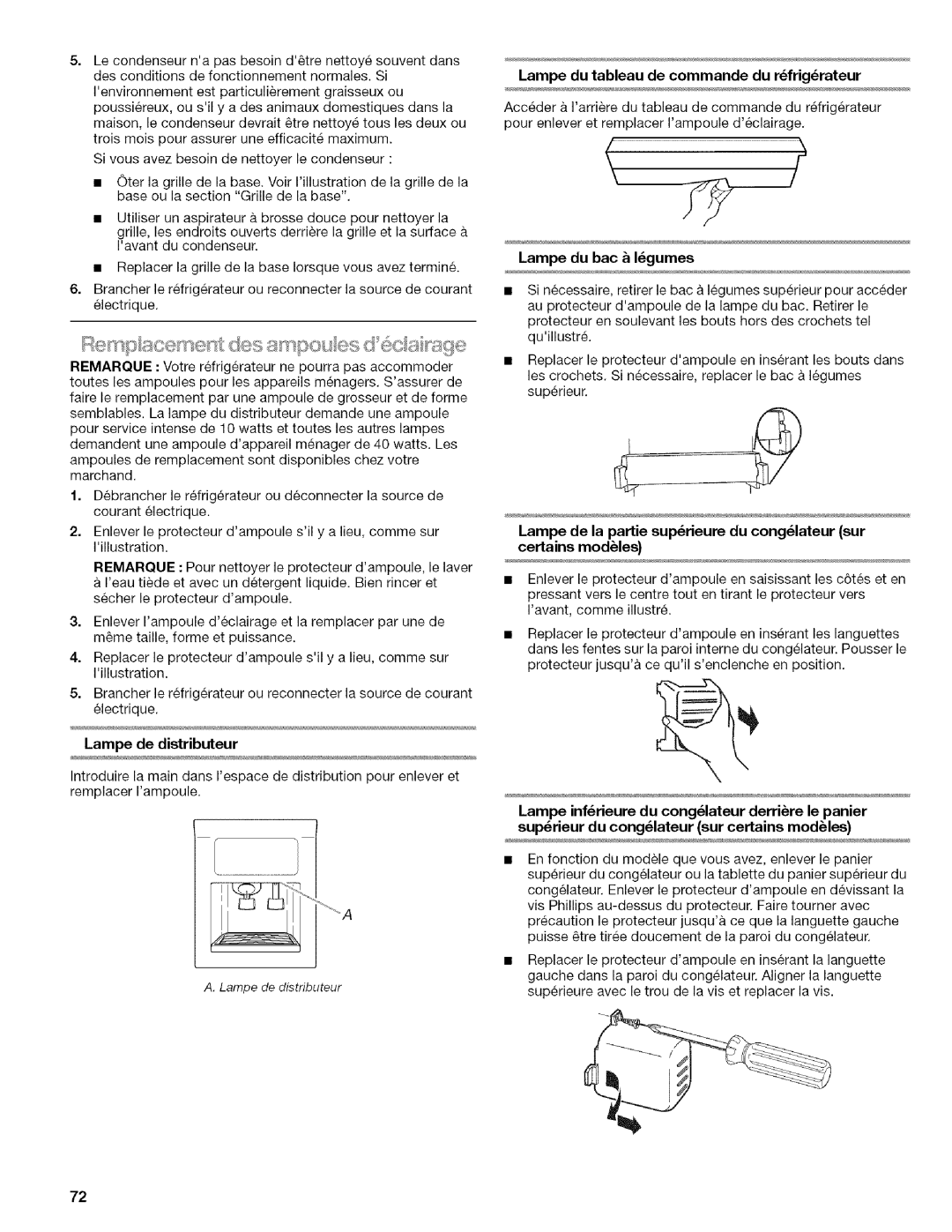 Kenmore WI0151336A manual Lampe du bac Igumes, Lampe du tableau de commande du rfrigrateur 