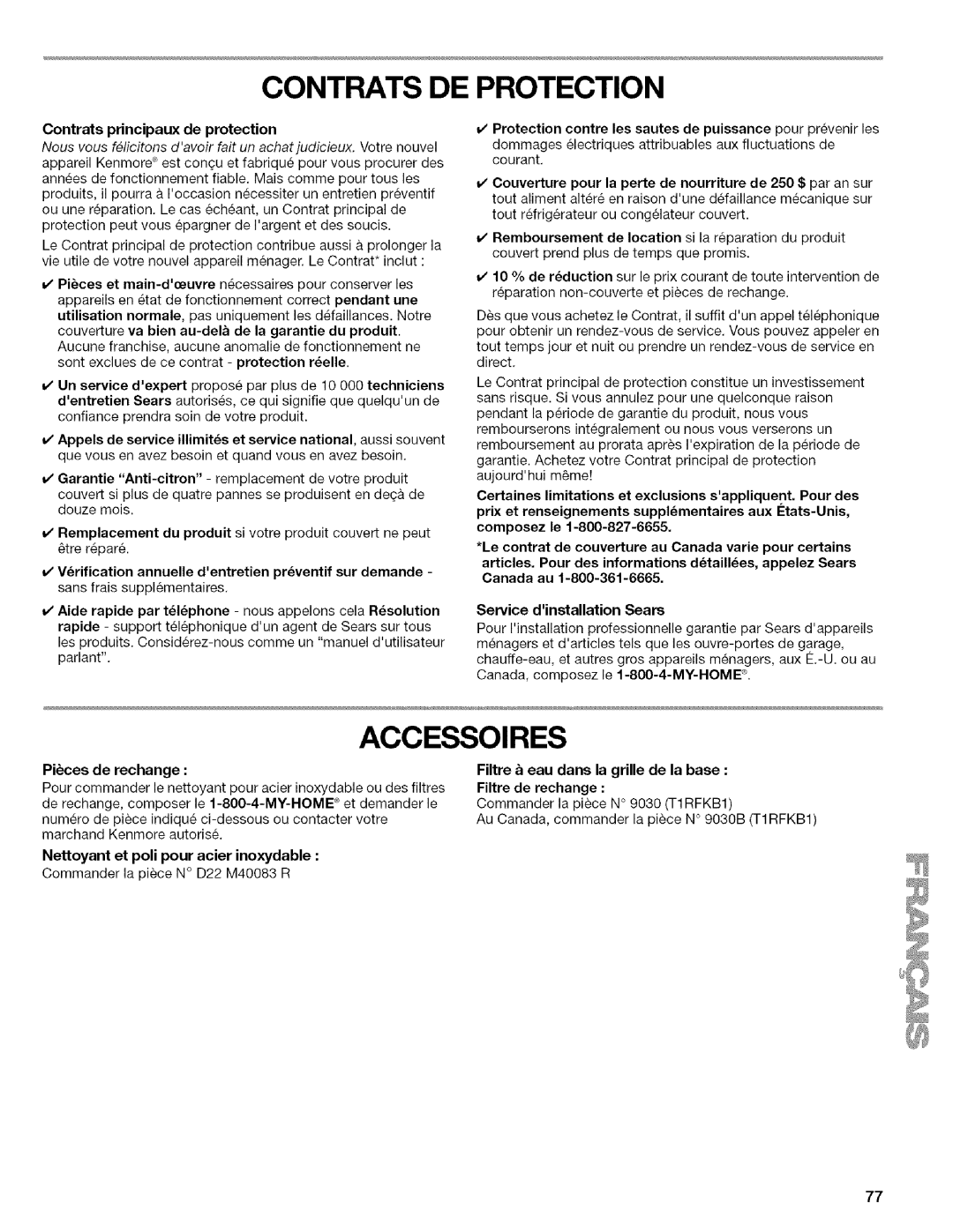 Kenmore WI0151336A manual Contrats DE Protection, Nettoyant et poll pour acier inoxydable 