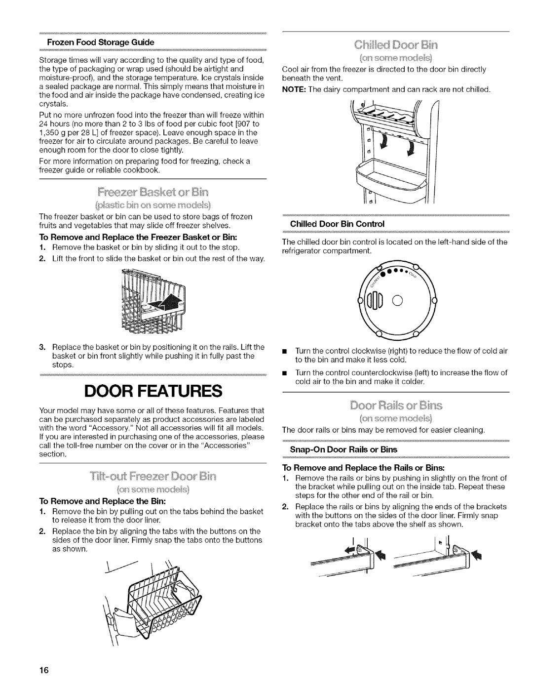 Kenmore WI0151336A Door Features, Snap-OnDoor Rails or Bins, Frozen Food Storage Guide, To Remove and Replace the Bin 