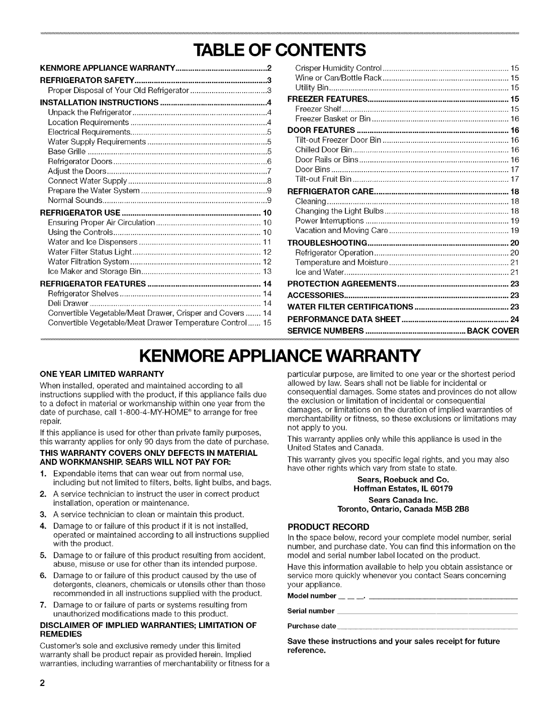 Kenmore WI0151336A manual Table Of Contents, Kenmore Appliance Warranty, Refrigerator, Features, One Year Limited Warranty 