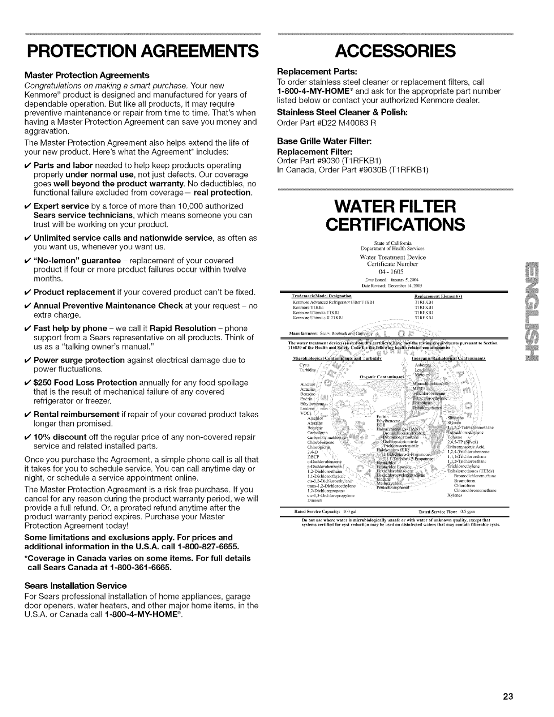 Kenmore WI0151336A Water Filter, Certifications, Accessories, Master Protection Agreements, Sears Installation Service 