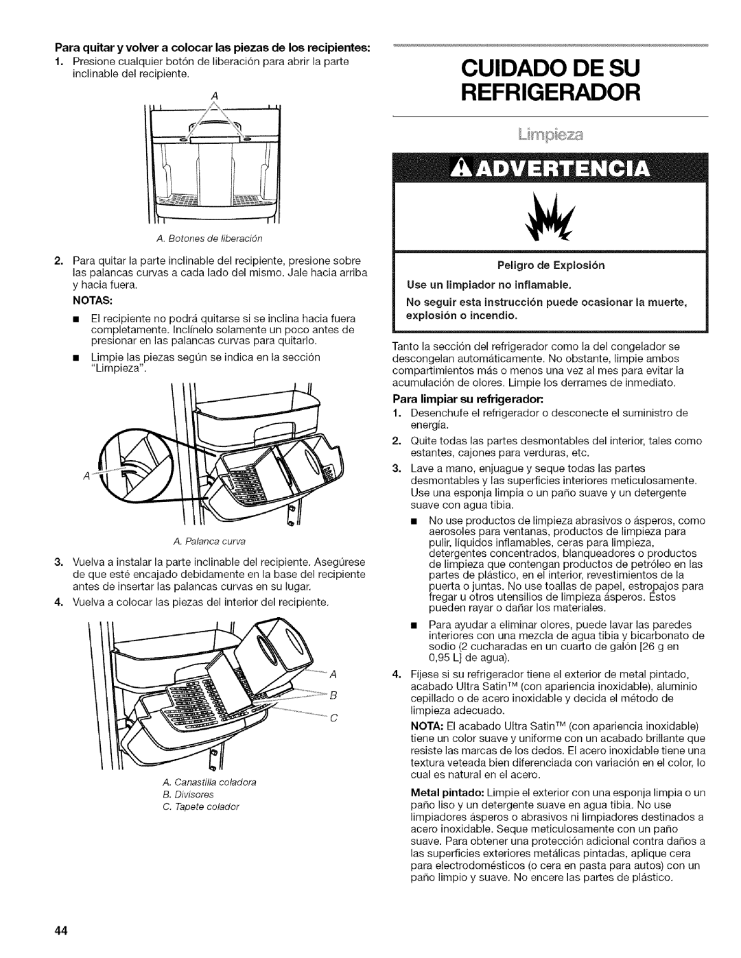 Kenmore WI0151336A manual CUlDADO DE SU REFRIGERADOR, Notas, Peligro de E×plosion, Use un limpiador no inflamable 