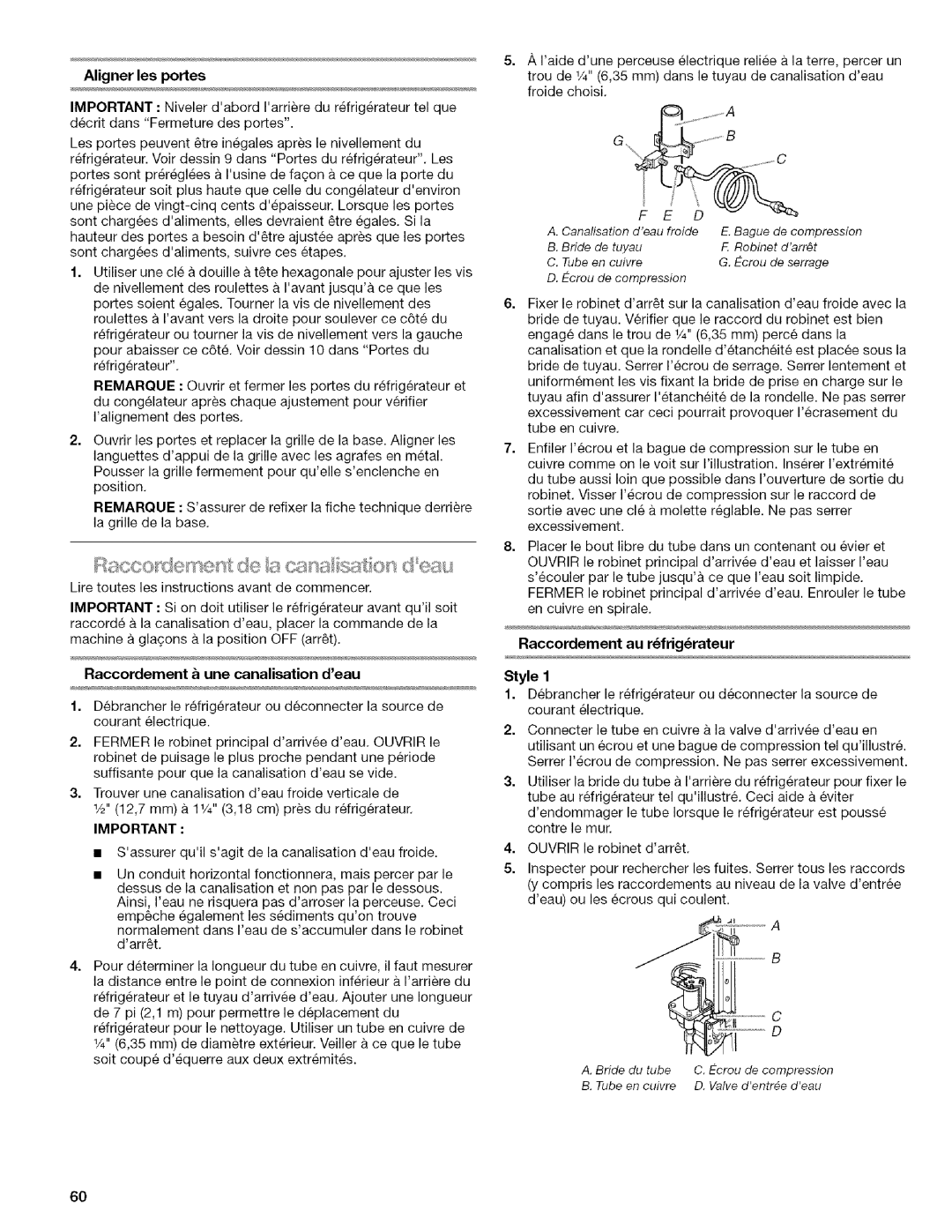 Kenmore WI0151336A manual Alignerlesportes, Raccordement _ une canalisation deau, F. Robinet darr_t, G. Ecrou de serrage 
