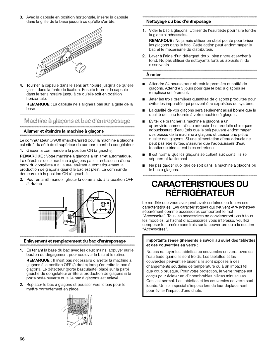 Kenmore WI0151336A manual Caracti:!:Ristiques Du, Ri Frigi Rateur, Nettoyage du bac dentreposage, Anoter 