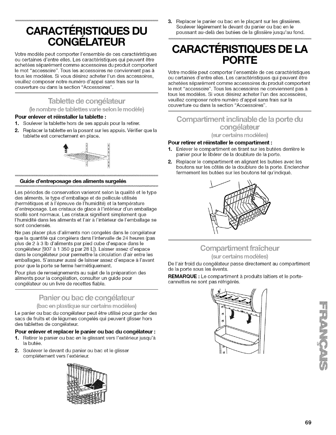 Kenmore WI0151336A manual Caracti ! Ristiquesdu, Congelateur, Caracti Ristiques De La Porte, ane ou b×: c de c@ gdi a%eul 