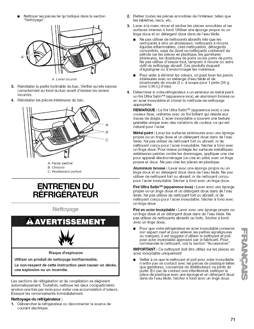 Kenmore WI0151336A manual Entretien Du Ri Frigi Rateur, A.Levier incurv_, Risque dexplosion, Nettoyage du r_frig_rateur 