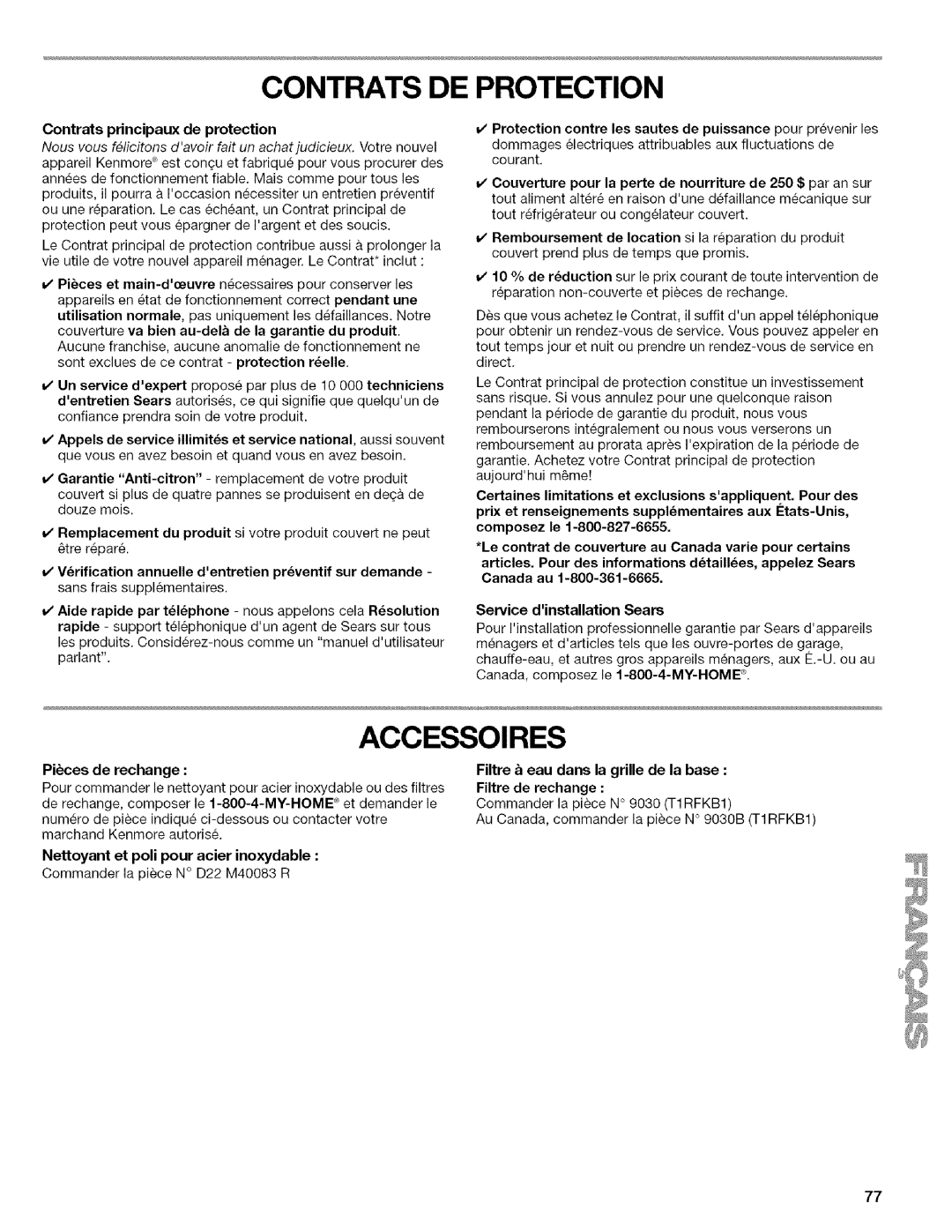 Kenmore WI0151336A manual Contrats De Protection, Accessoires, Nettoyant et poll pour acier inoxydable, Pi_ces de rechange 