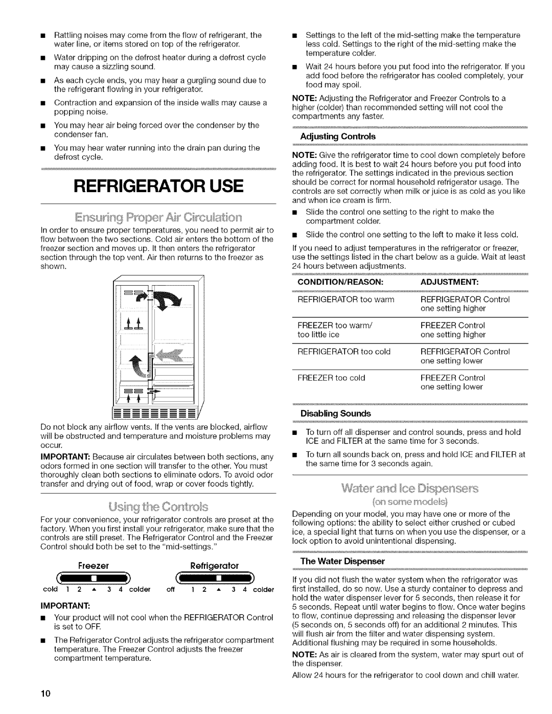 Kenmore WIOI67097A manual Refrigerator USE, Waterline,oritemsstoredontopoftherefrigerator, Adjusting Controls 