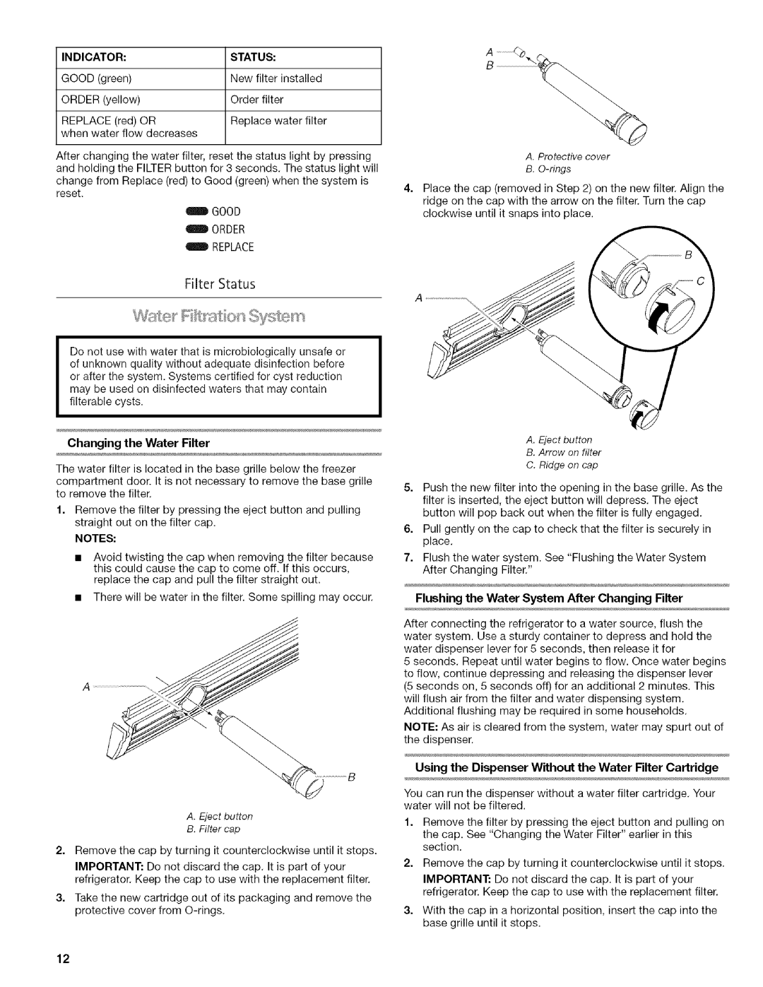 Kenmore WIOI67097A manual Changing the Water Filter, Using the Dispenser Without the Water Filter Cartridge, Indicator 