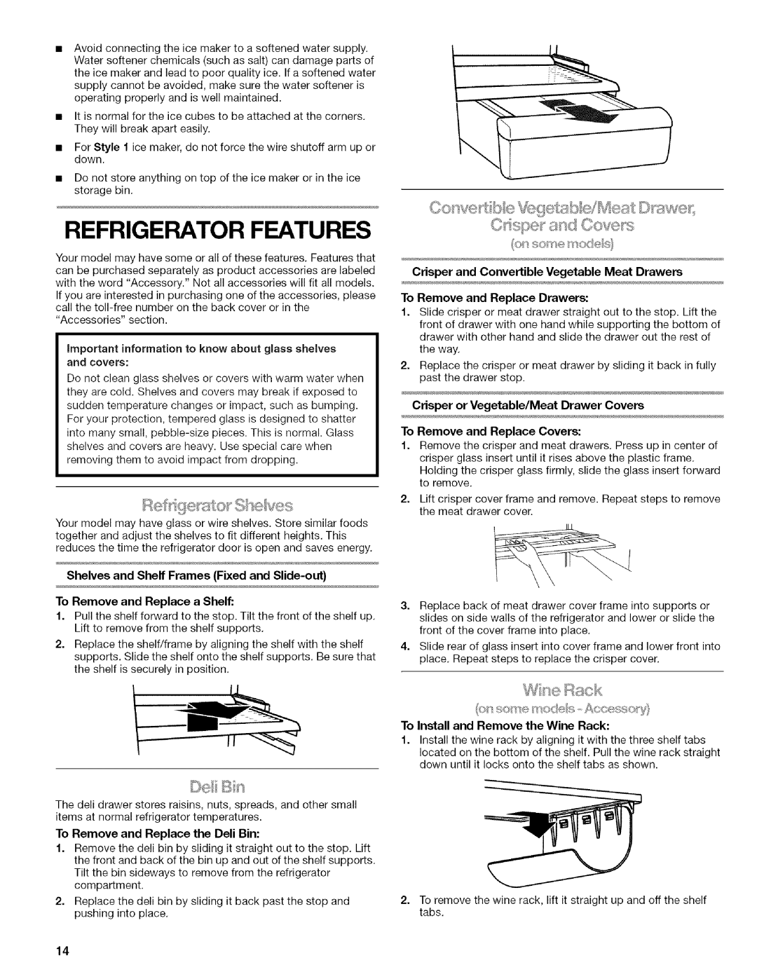 Kenmore WIOI67097A manual Refrigerator Features, Down, Shelves and Shelf Frames Fixed and Slide-out 