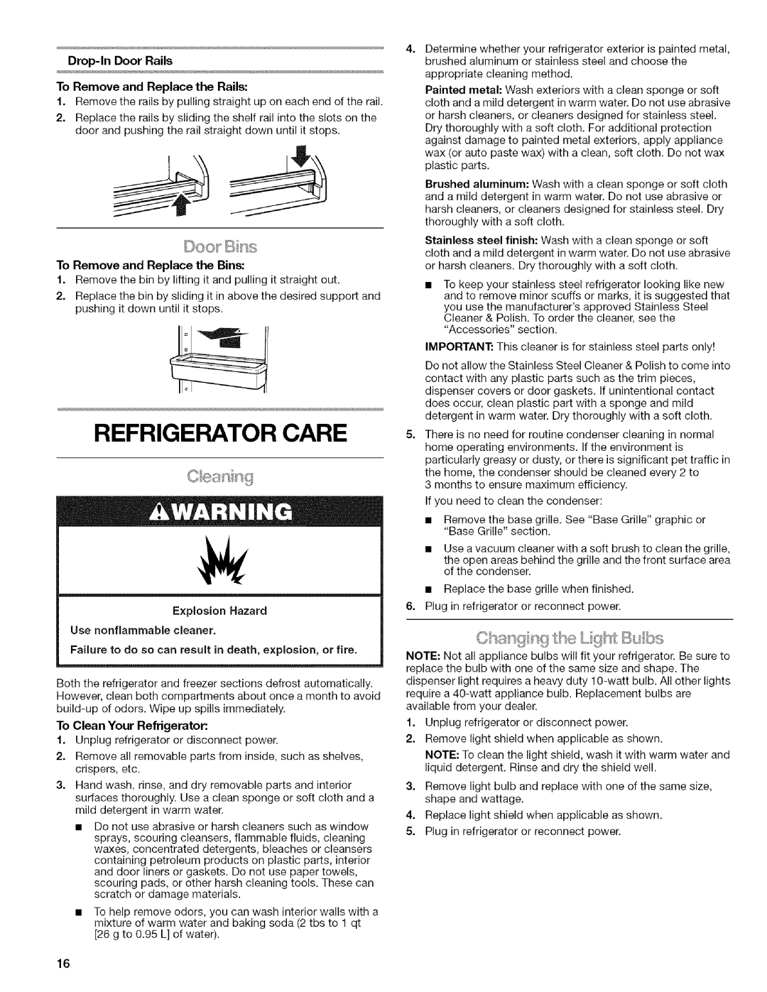 Kenmore WIOI67097A Refrigerator Care, Drop-In Door Rails To Remove and Replace the Rails, To Remove and Replace the Bins 