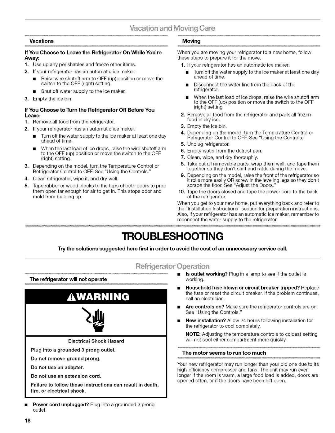 Kenmore WIOI67097A manual Troubleshooting, Refrigerator will not operate 