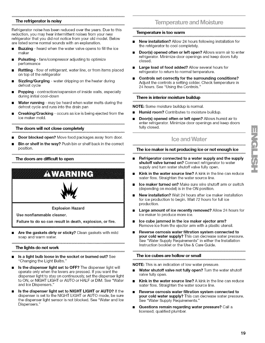 Kenmore WIOI67097A manual There is interior moisture buildup, Refrigerator is noisy, Doors will not close completely 