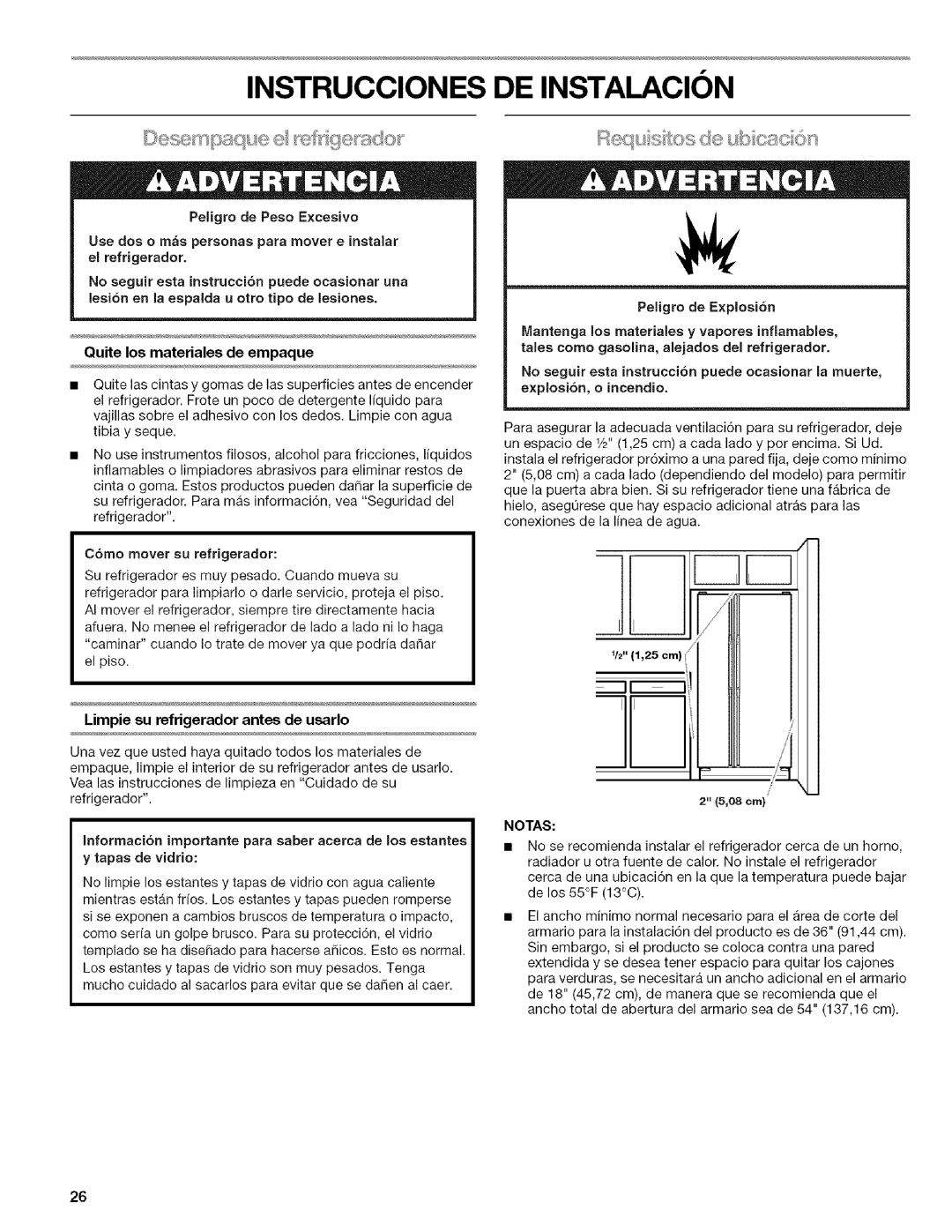 Kenmore WIOI67097A manual Limpie su refrigerador antes de usarlo, C6mo mover su refrigerador, 08 cm, Notas 