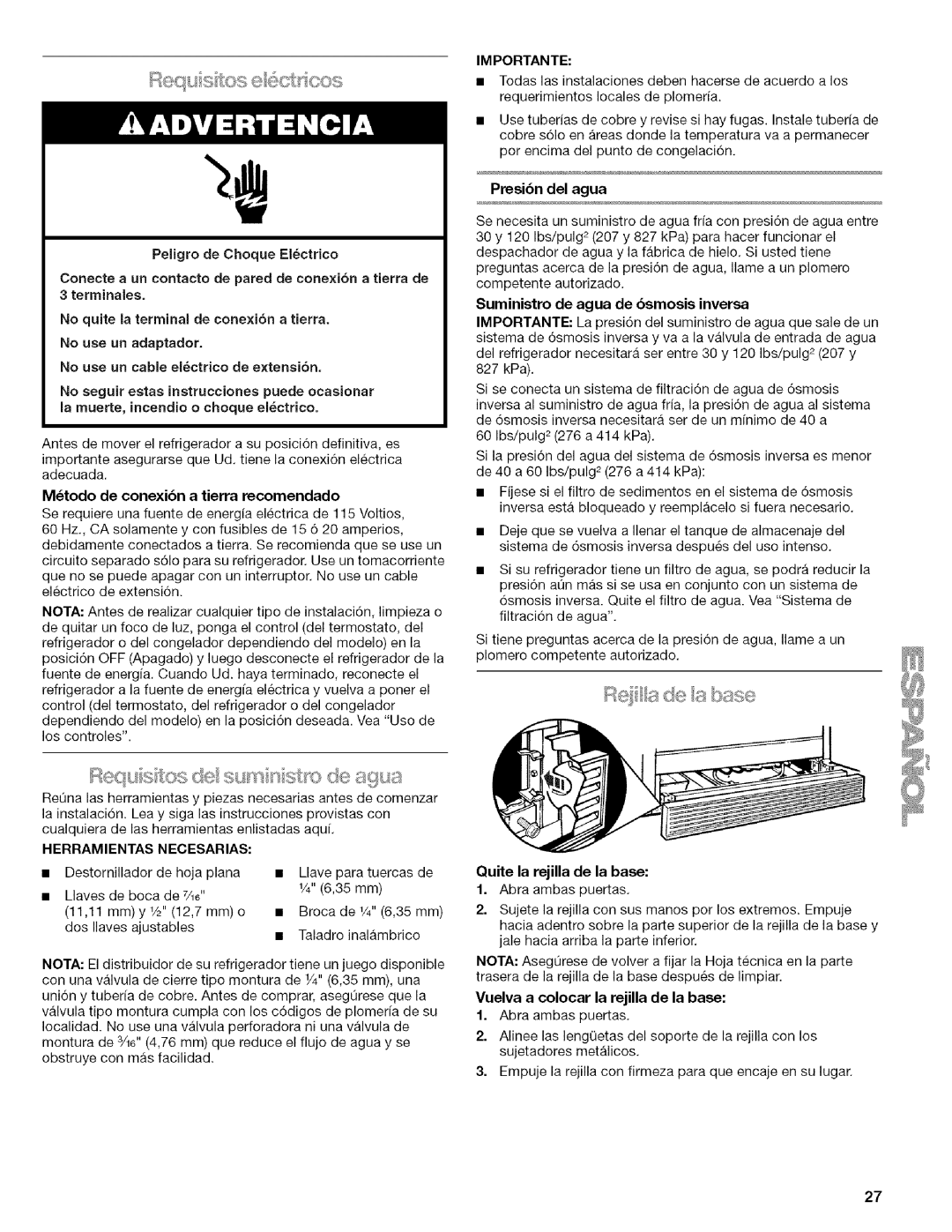 Kenmore WIOI67097A manual Presibn del agua, Importante, Herramientas Necesarias 