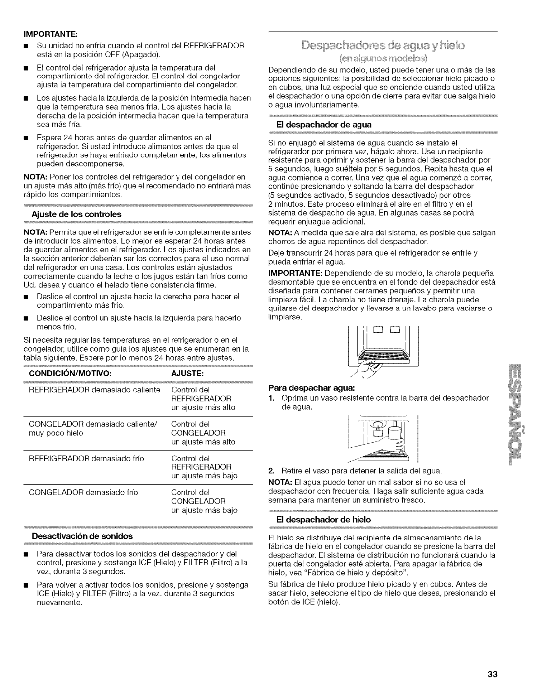 Kenmore WIOI67097A manual Desactivacibn de sonidos, Ajuste de los controles, El despachador de agua, Para despachar agua 