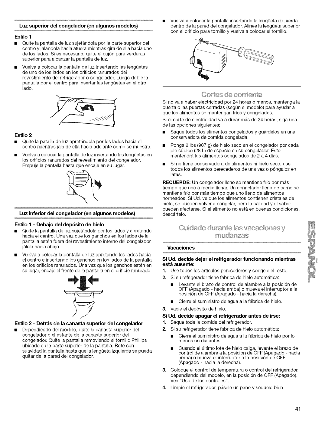 Kenmore WIOI67097A manual Luz superior del congelador en algunos modelos, Luz inferior del congelador en algunos modelos 