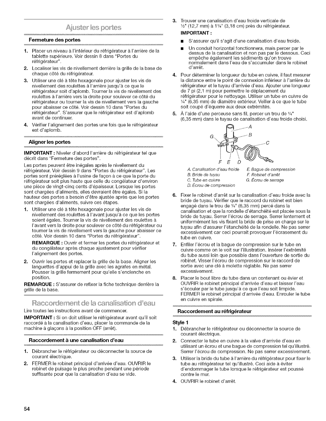 Kenmore WIOI67097A Fermeturedesportes, Aligner les portes, Raccordement au rfrigrateur, Raccordement une canalisation deau 