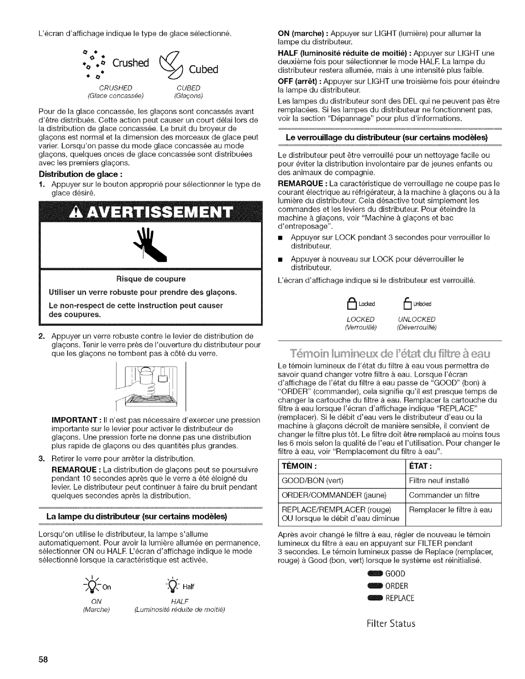 Kenmore WIOI67097A manual Distribution de glace, La lampe du distributeur sur certains modules, Temoin Itat 