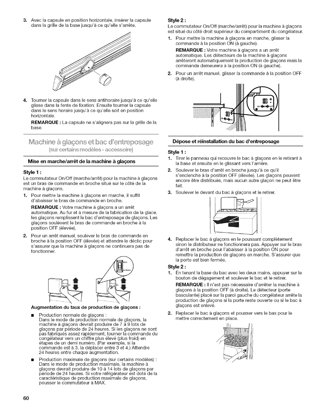 Kenmore WIOI67097A manual Dpose et rinstallation du bac dentreposage, Augmentation du taux de production de glagons 