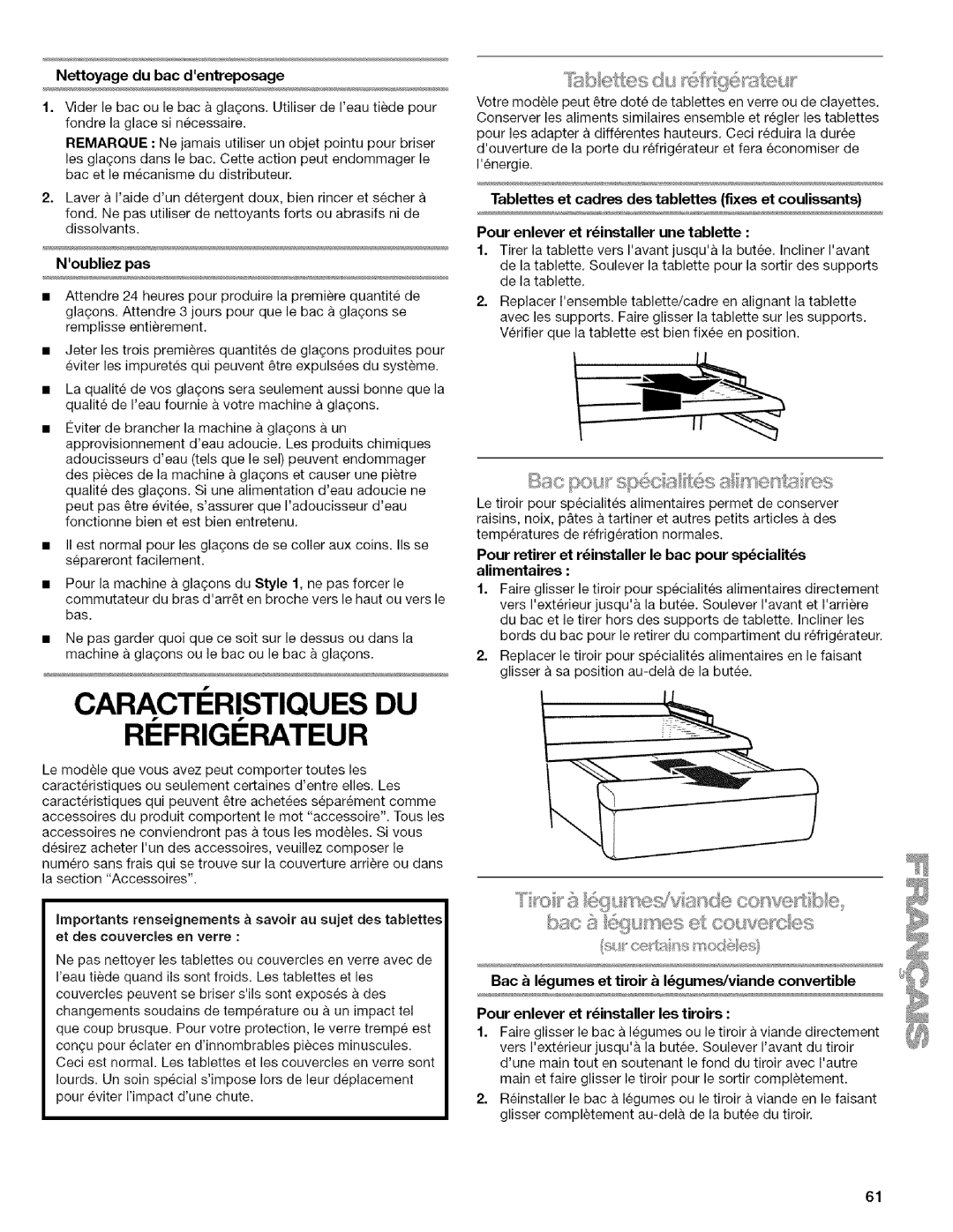 Kenmore WIOI67097A manual Refrigerateur, Nettoyagedubacdentreposage, Noubliezpas 