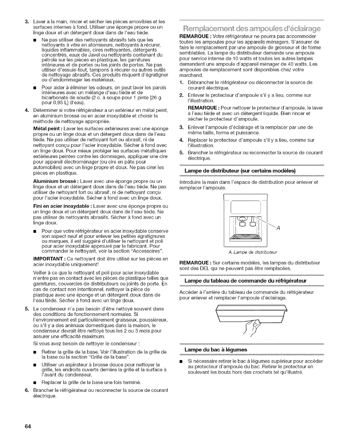 Kenmore WIOI67097A manual Lampe de distributeur sur certains modules, Lampe du bac & Igumes 