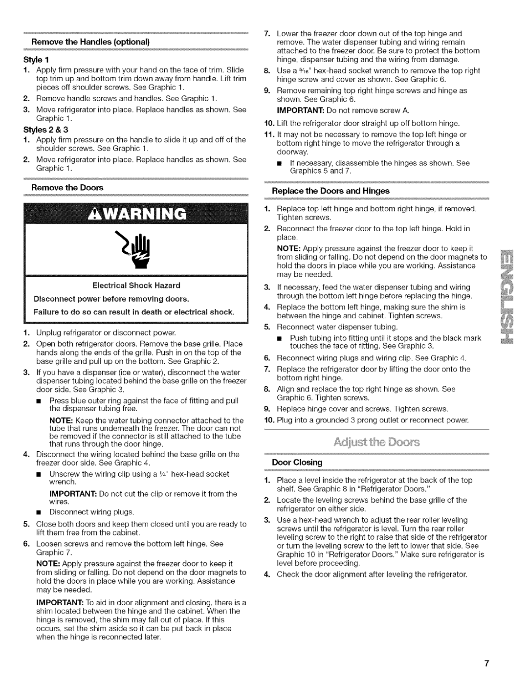 Kenmore WIOI67097A manual Replace the Doors and Hinges, Remove the Handles optional Style, Styles 2 