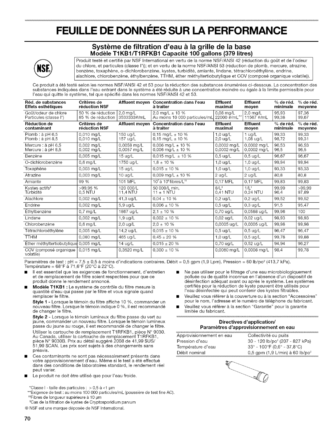 Kenmore WIOI67097A manual Feuille DE Donni ES SUR LA Performance, ModUle TIKBlfTIRFKB1 Capacit 100 gallons 379 litres 