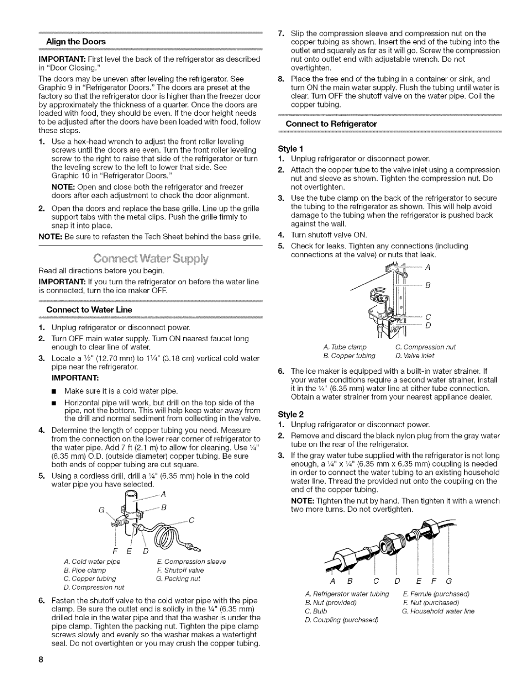 Kenmore WIOI67097A manual Align the Doors, Connect to Water Line, Connect to Refrigerator 