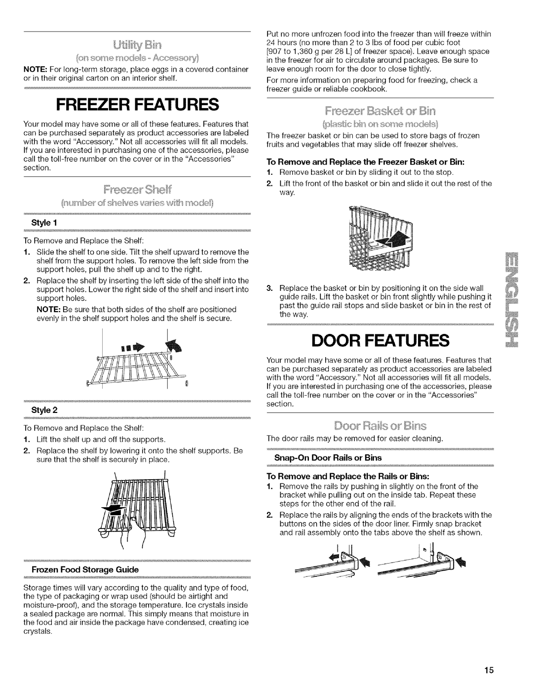 Kenmore WIOI67097A manual Freezer Features, Door Features, Frozen Food Storage Guide, Snap-OnDoor Rails or Bins 